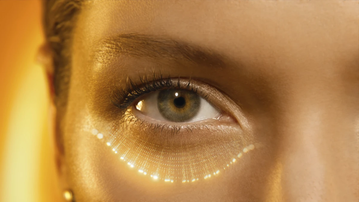 Primer plano del ojo con efecto dorado luminoso en el contorno para Double Serum Eye de Clarins.